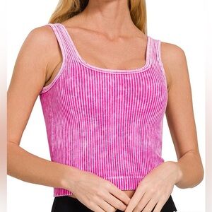 Zenana Stone Washed Ribbed Square Neck Crop Tank w/ Removable Bra Pads L/XL